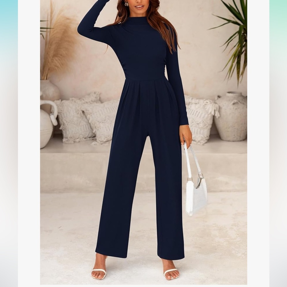 PRETTYGARDEN Jumpsuit Long Sleeve Mock Neck Fall Fashion Women Navy Blue L 12 14